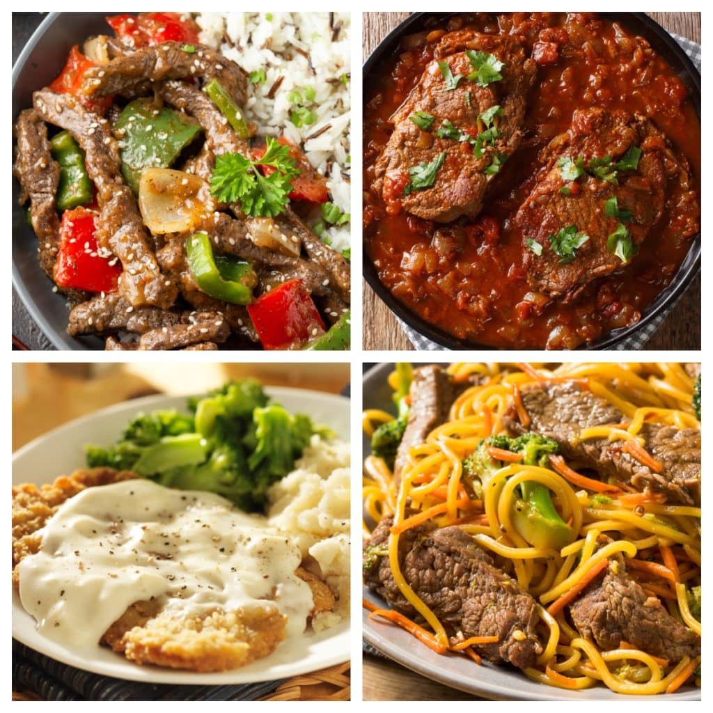 Pepper steak, swiss steak, fried steak, and steak lo mein. 