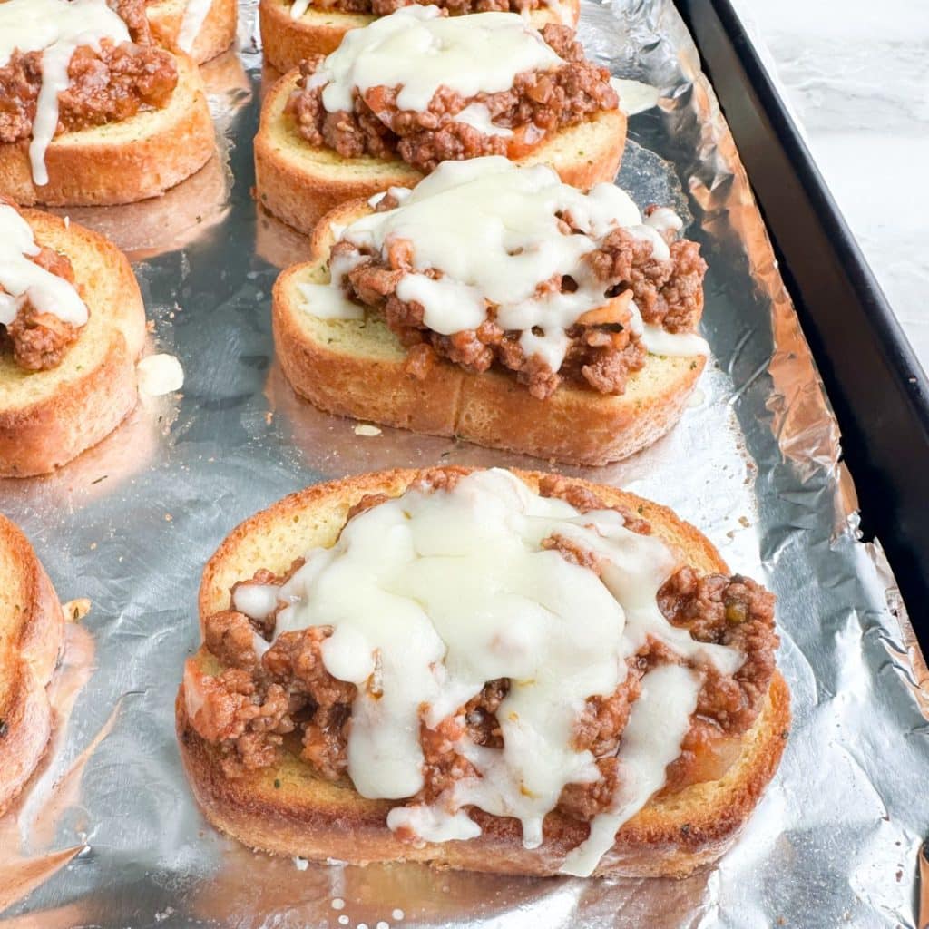 Baking pan with sloppy joe toast.