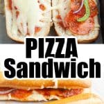 Sub sandwich with cheese and pepperoni.
