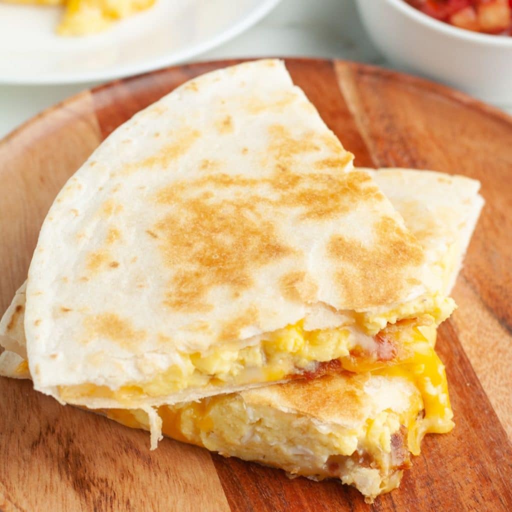 Egg quesadilla on a plate. 