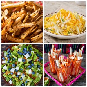 Jicama fries, slaw, salad, and seasoned jicama.