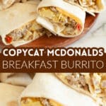Sausage breakfast burritos on a plate.