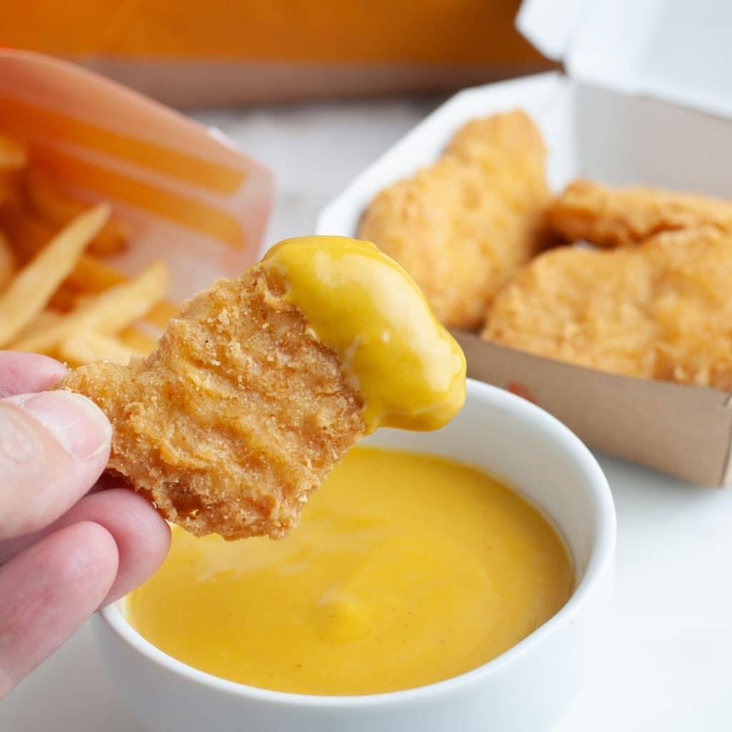 Chicken nugget with mustard sauce. 