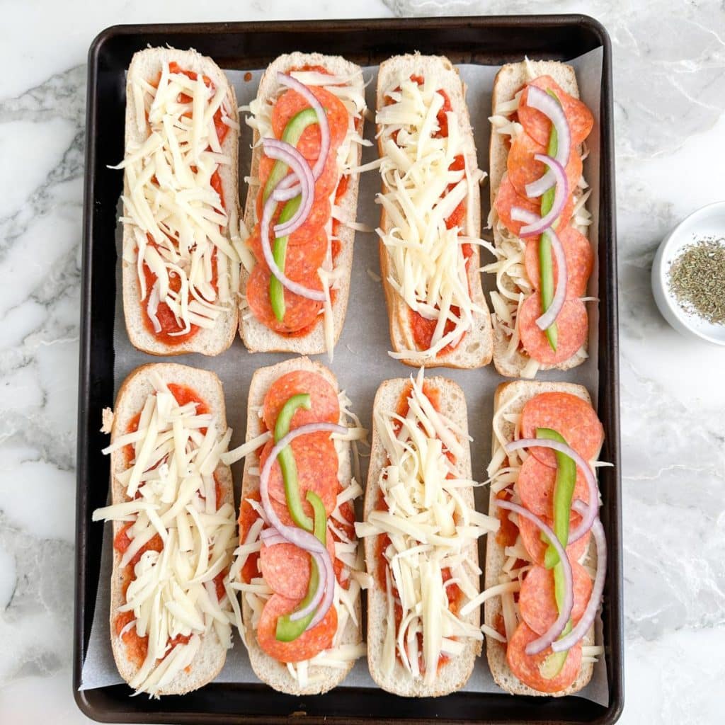 Pizza subs on a pan.