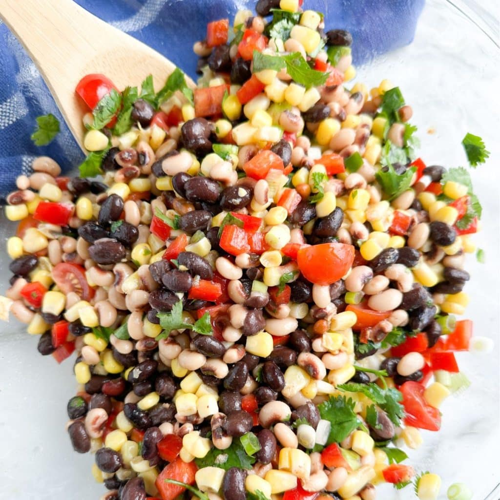 Bowl of beans, corn, and peppers. 