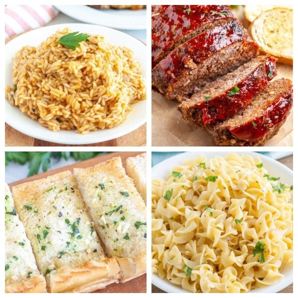 Rice, meatloaf, garlic bread, and egg noodles.