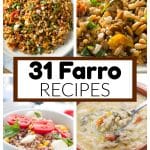 Bowl of farro soup, farro salad, and farro casserole.