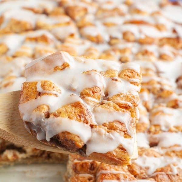 Square of cinnamon roll casserole.