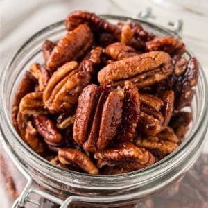 Jar of glazed pecans.