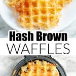 Hash brown waffle on a plate and in a iron.