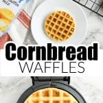 Cornbread waffles in waffle maker and on plate.