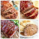 Four different meatloafs sliced on a board.