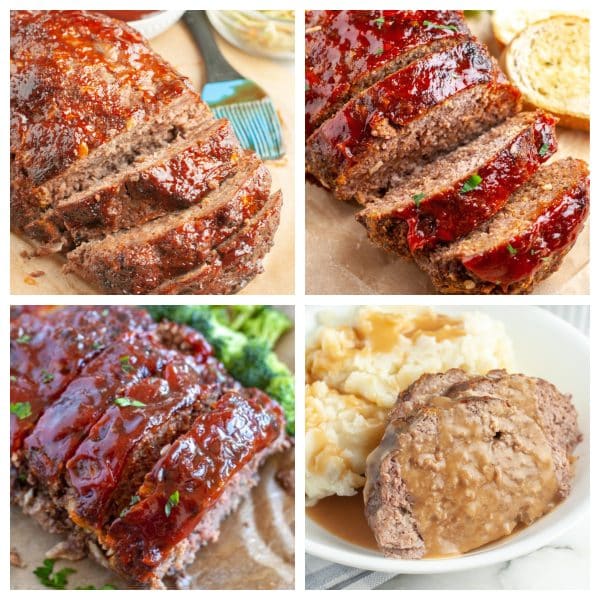 Four different meatloafs sliced on a board.