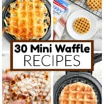 Mini waffles in a waffle iron and on plate.