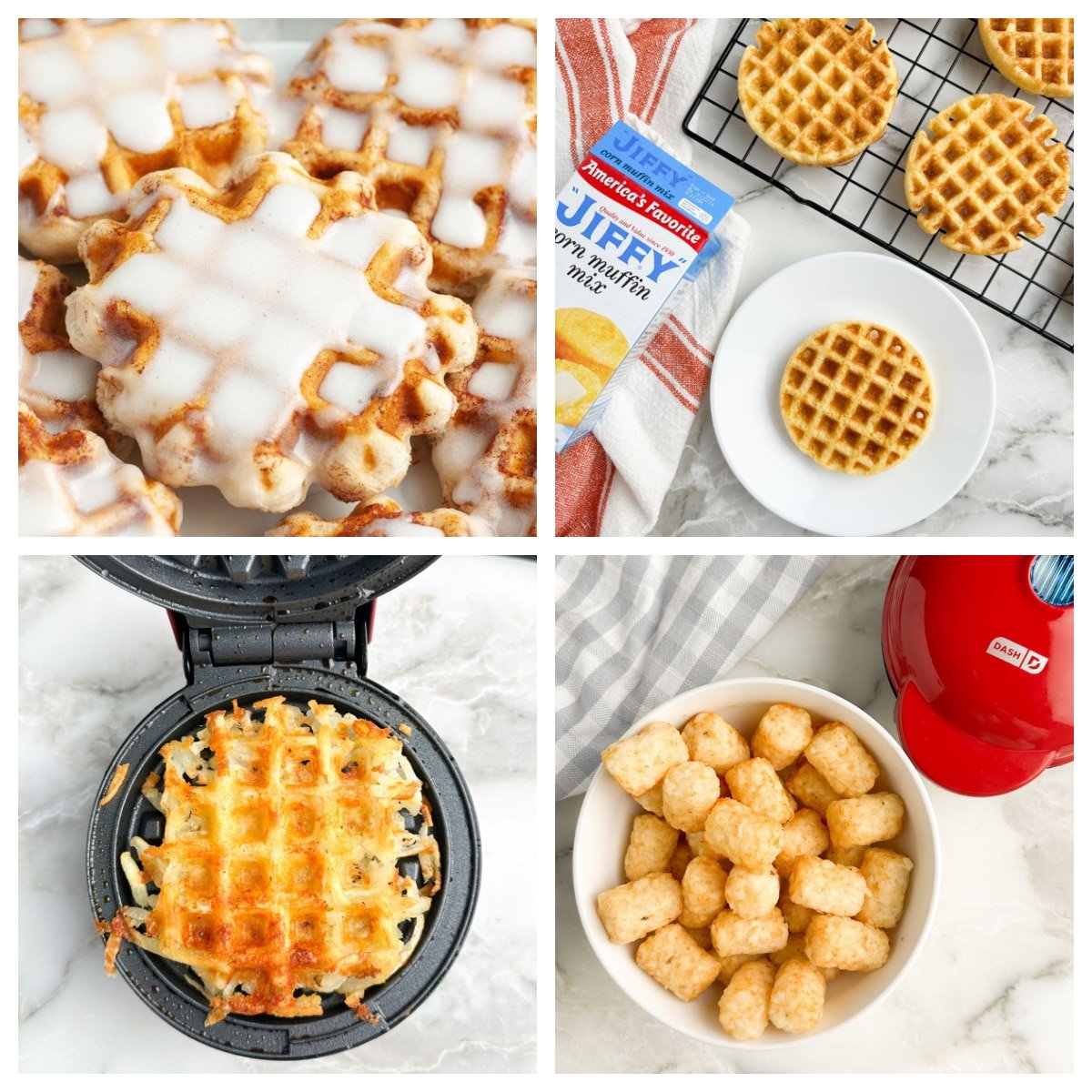 Cinnamon roll waffle, cornbread waffle, tater tot waffle. 