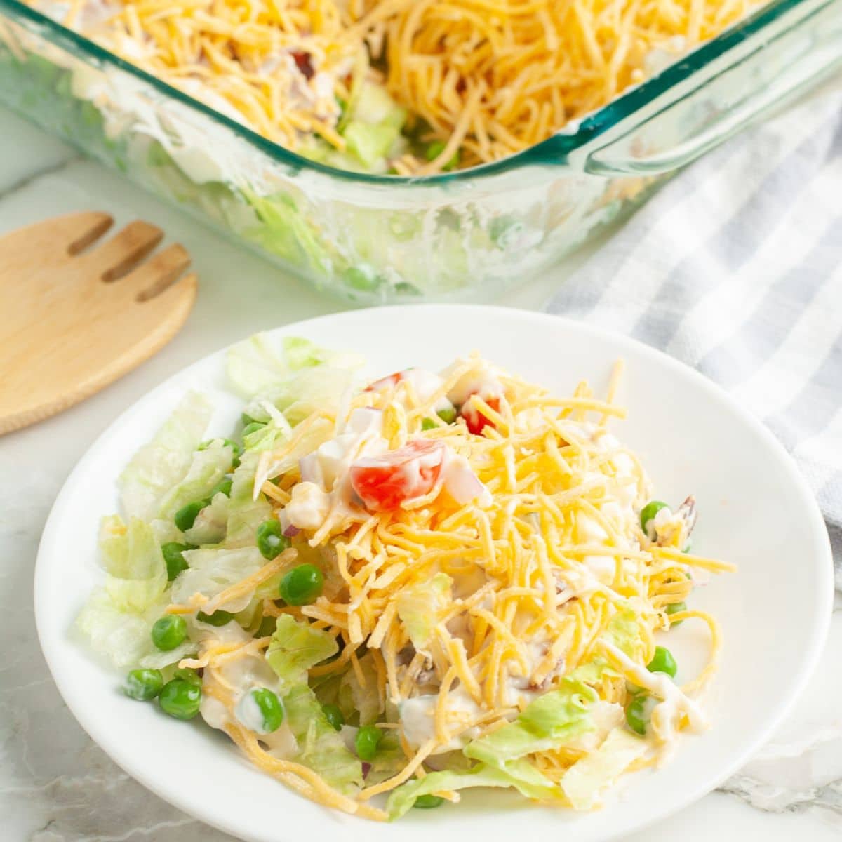 Plate of salad with cheese and tomato. 