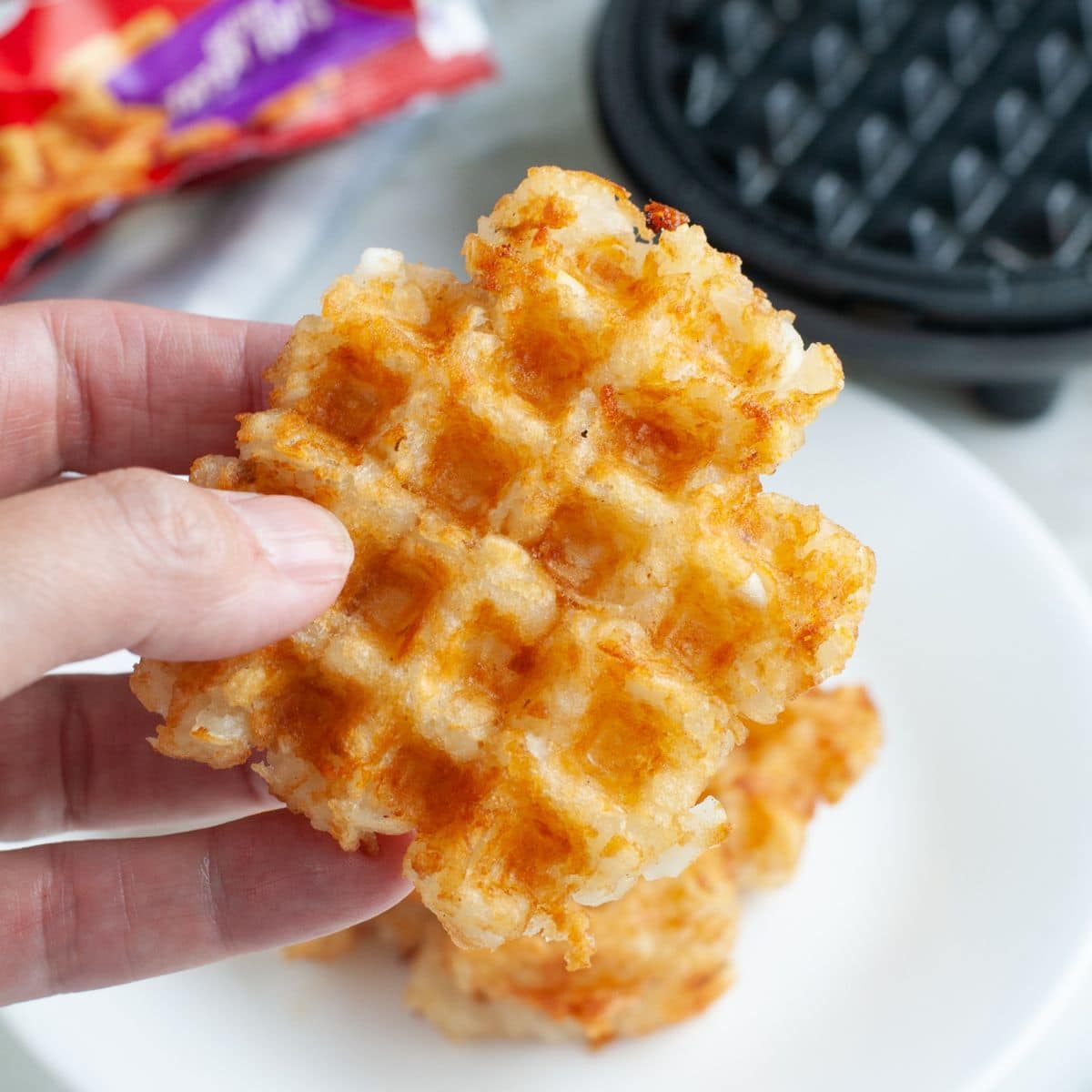 Hand holding potato waffle.