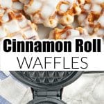 Cinnamon roll waffles on a plate and in a waffle maker.