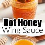 Jar of wing sauce with a wing dipping in.