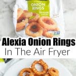 Bag of onion rings and plate of onion rings.