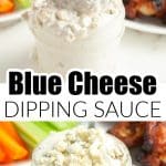 Chicken wings dipping in a jar of blue cheese sauce.