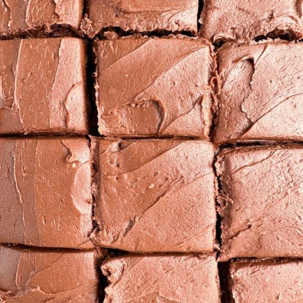 Squares of frosted brownies.