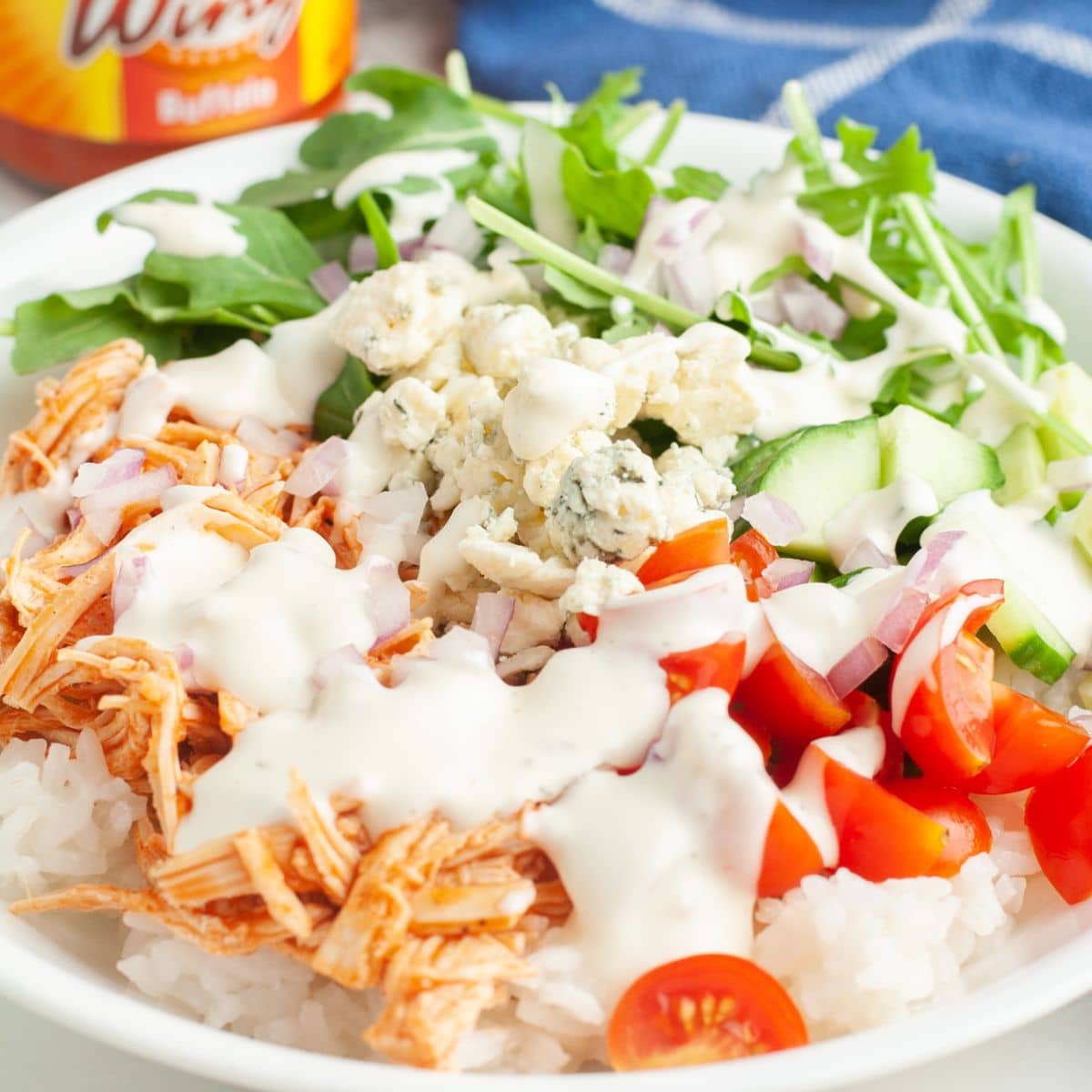 Shredded buffalo chicken, lettuce, tomatoes, with ranch. 