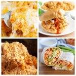 Pasta bake, chicken sandwich, shredded chicken, chicken wrap.