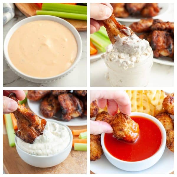 Bowl of cream sauces with chicken wings.