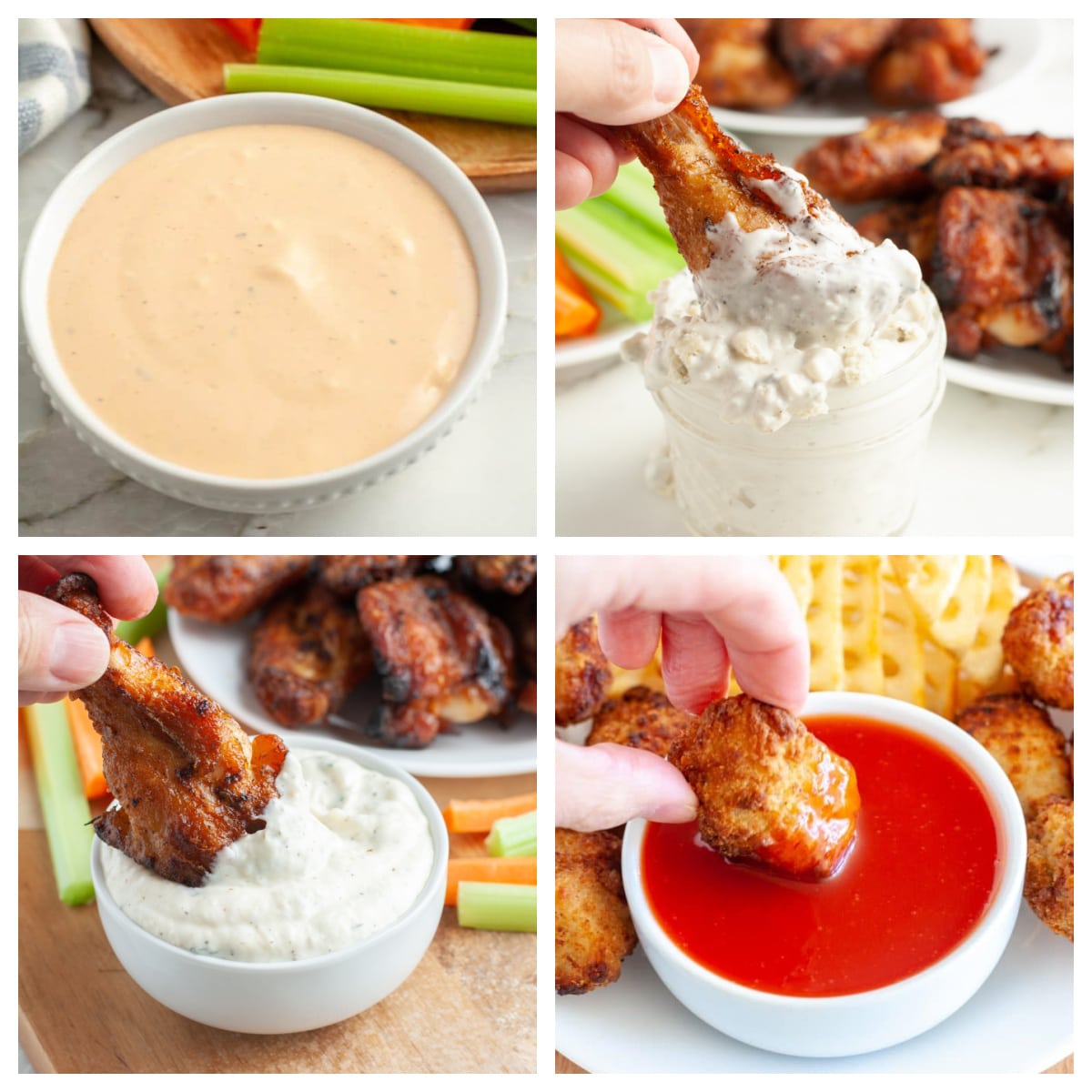 Bowl of cream sauces with chicken wings. 