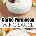 Chicken wing dipping into a bowl of creamy sauce.