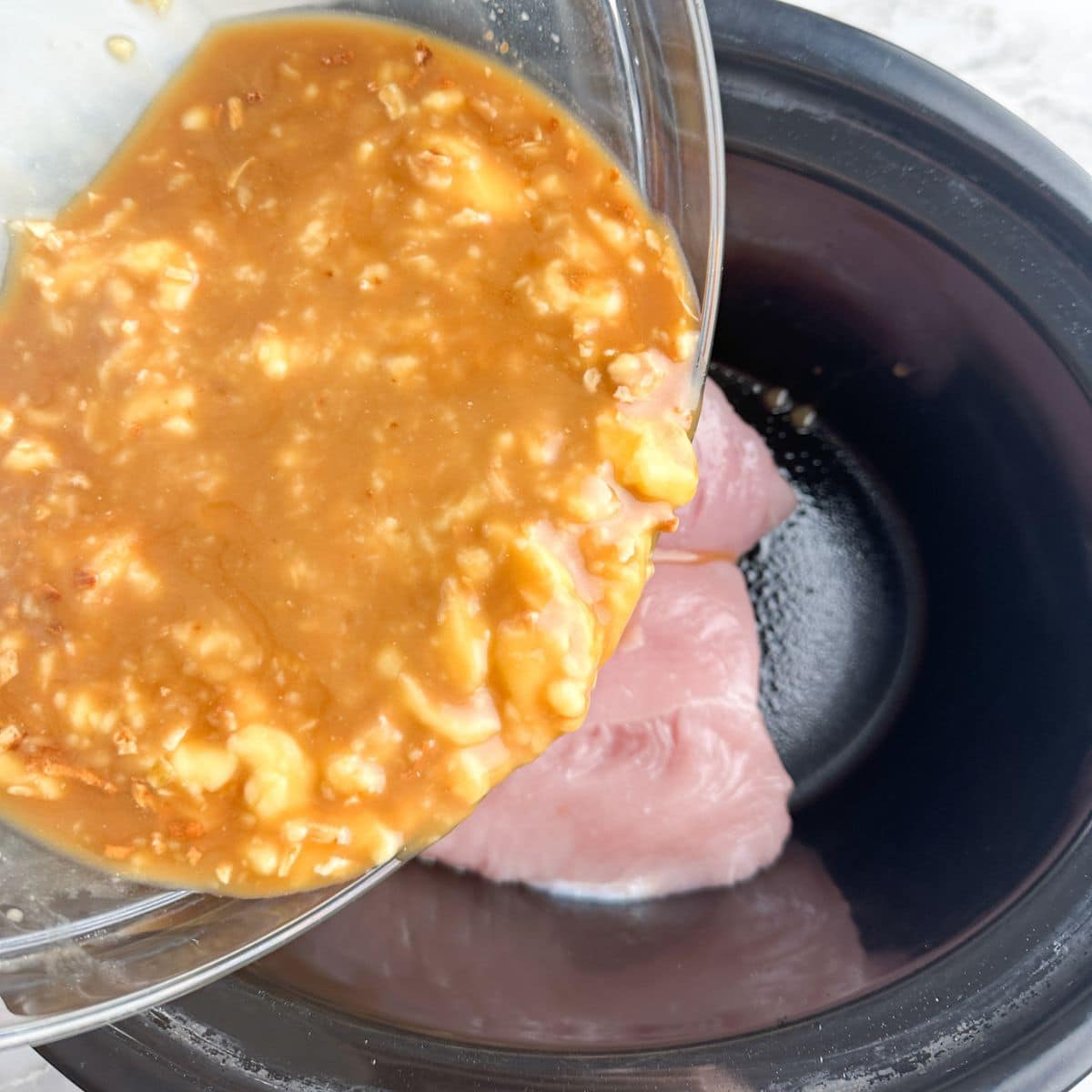 Bowl with onion soup mixture pouring on turkey tenderloin. 