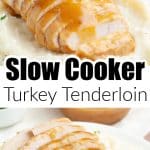 Sliced turkey tenderloin over mashed potatoes and gravy.