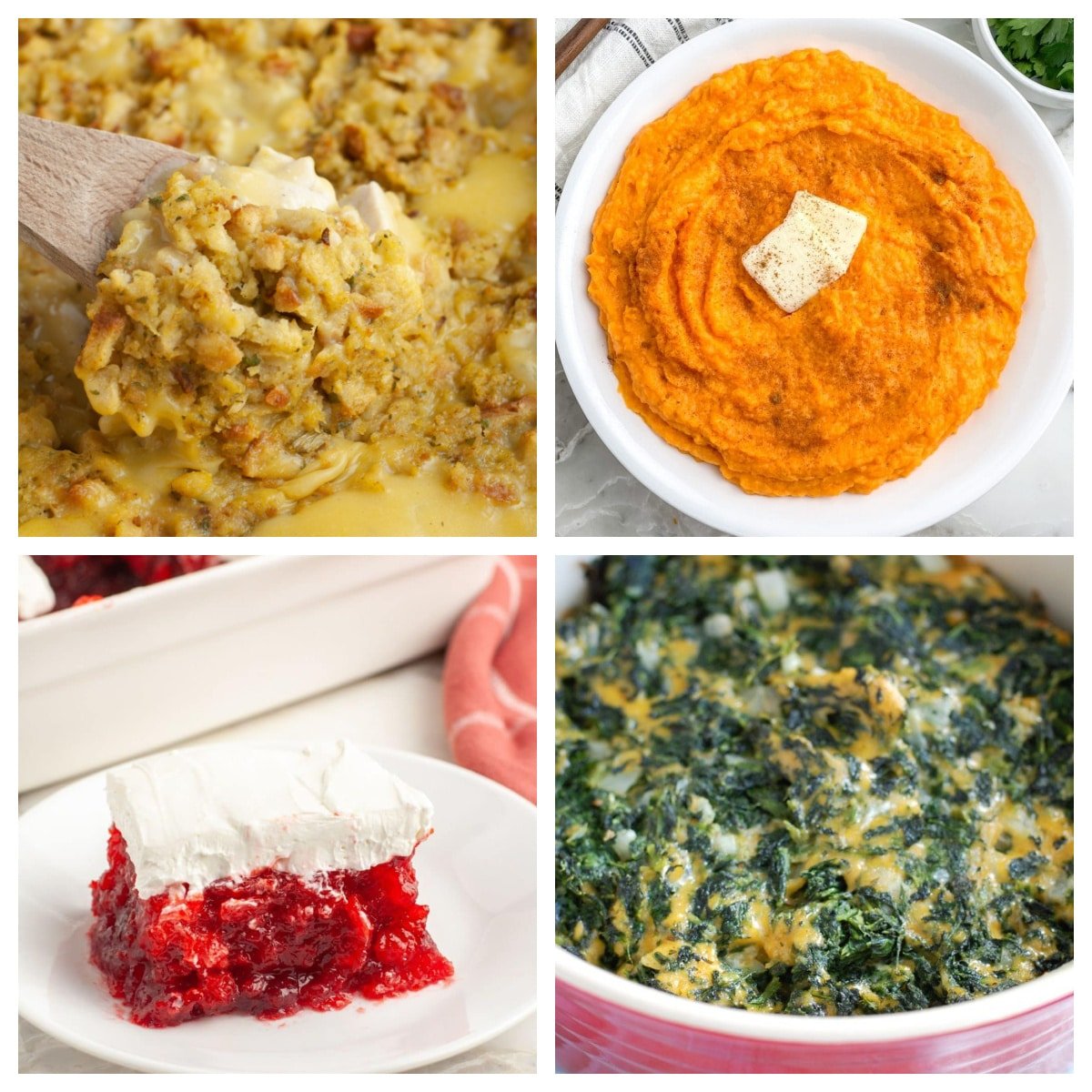 Stuffing, whipped sweet potatoes, spinach, cranberries. 