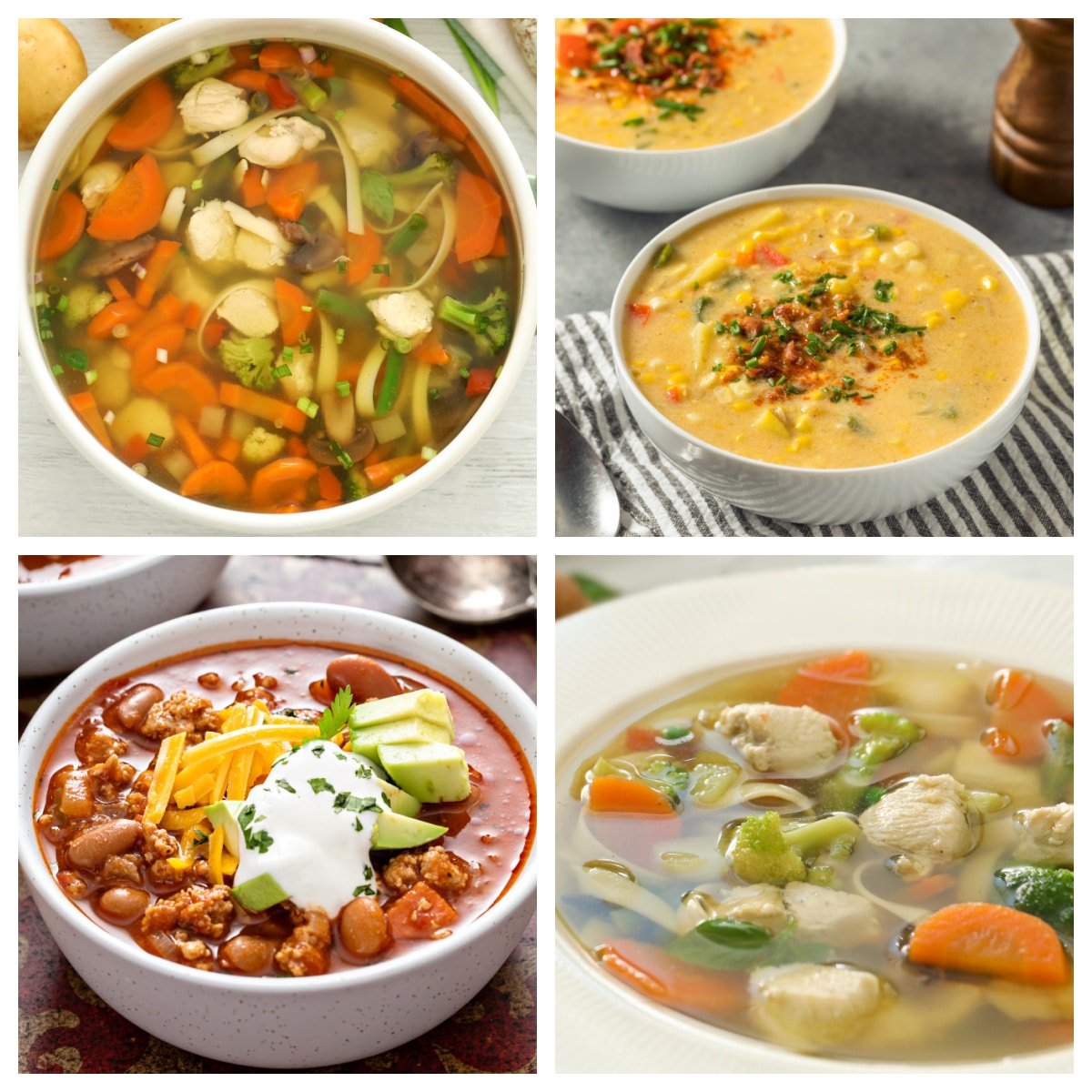 Bowls of vegetable soup, chowder, chili, and noodle soup. 