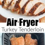 Sliced turkey tenderloin and turkey in air fryer basket.