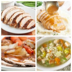 Sliced turkey on a plate, bowl of turkey soup.