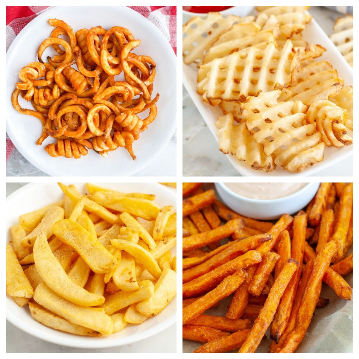 Plate of curly fries, waffle fries, steak fries, and sweet potato fries. 