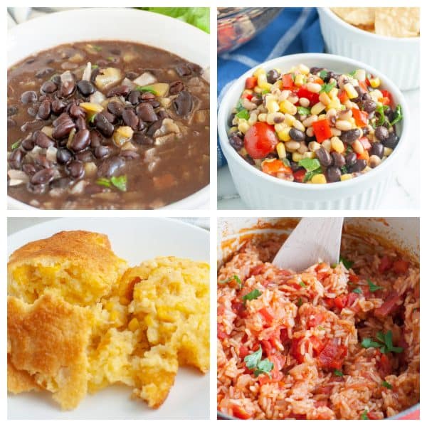 Black beans, corn salad, corn pudding, mexican rice.