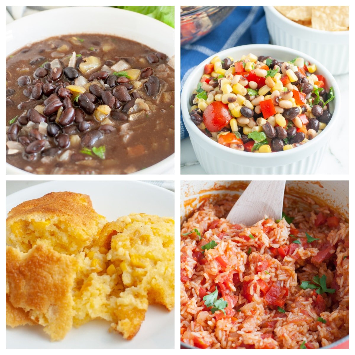 Black beans, corn salad, corn pudding, mexican rice. 