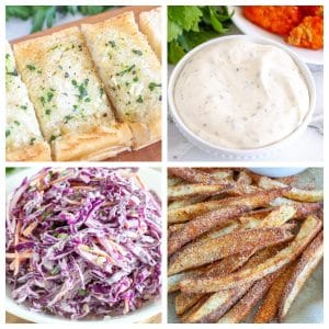 Garlic bread, ranch, slaw, and french fries.