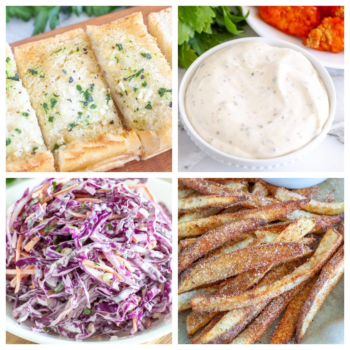 Garlic bread, ranch, slaw, and french fries. 