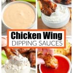 Four different dipping sauces in bowls with chicken wings.