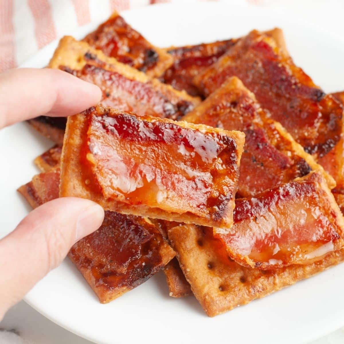 Hand holding a cracker topped with bacon.