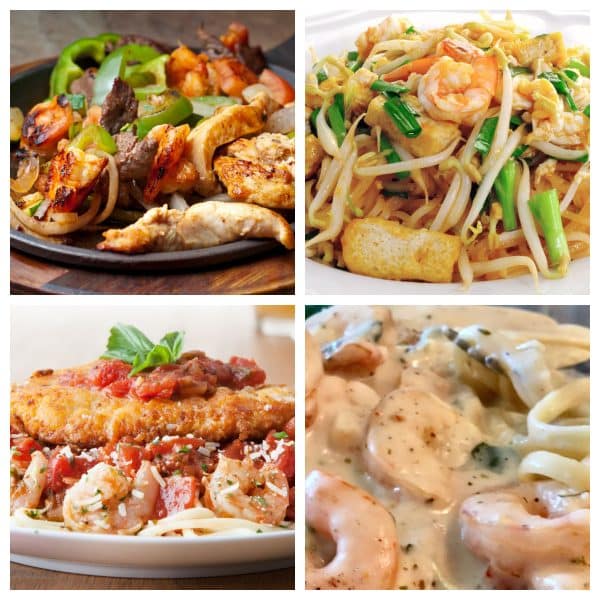 Chicken fajitas, chicken pasta, and fried chicken with shrimp.