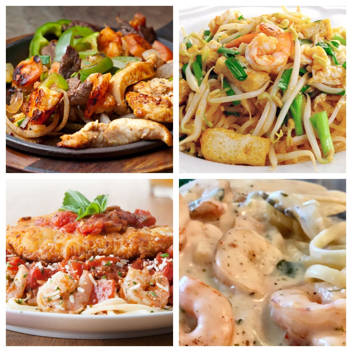 Chicken fajitas, chicken pasta, and fried chicken with shrimp. 