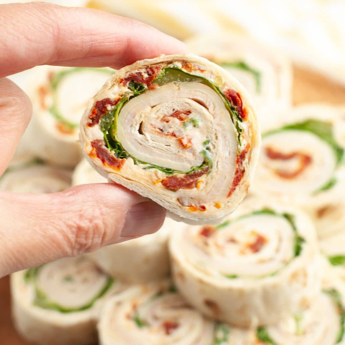 Hand holding a turkey roll up. 