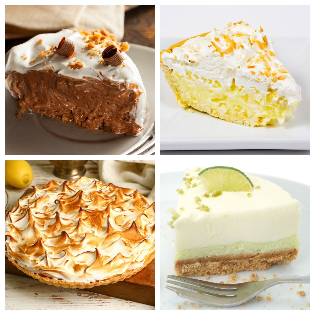 Chocolate cream pie, banana cream pie, and key lime pie. 