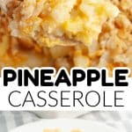 Wooden spoon with pineapple casserole.