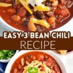 Bowl of bean chili with sour cream and jalapenos.